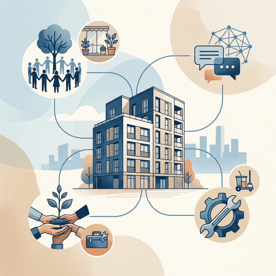 Apartment building connected to community, communication, sustainability, and maintenance icons